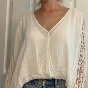 Free People White Blouse with floral cutout sleeves